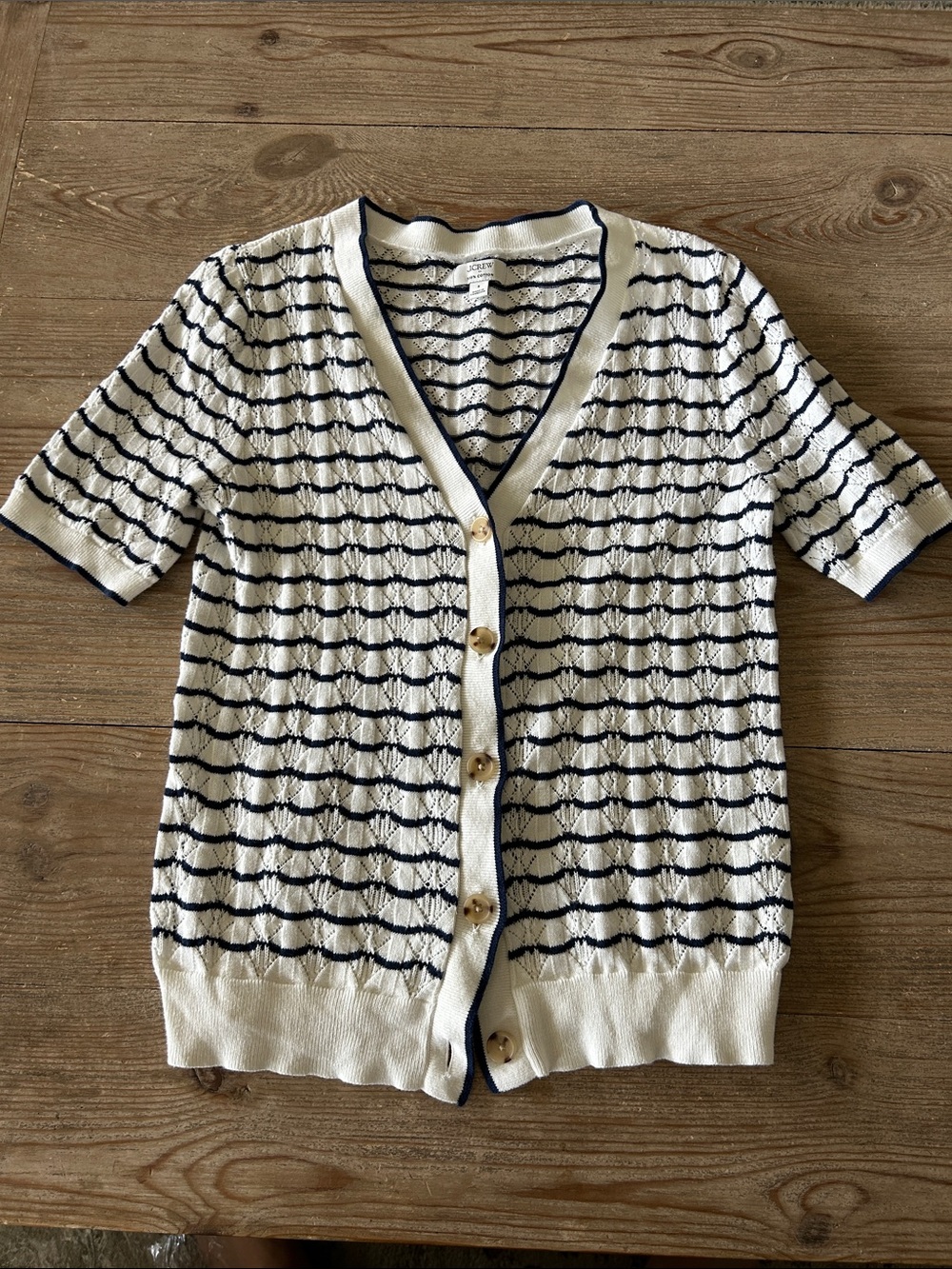 J.Crew Women's White and Navy Striped Cotton Sweater